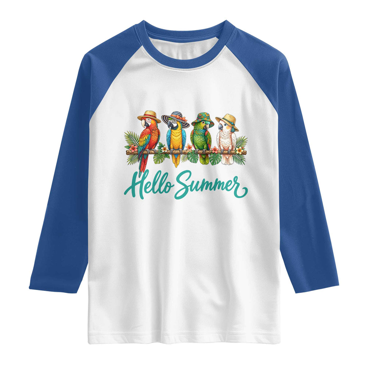 Hello Summer Parrots Raglan Shirt Tropical Beach Vacation Graphic TS12 White Royal Print Your Wear