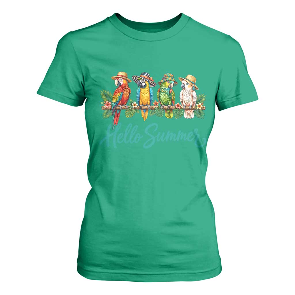 Hello Summer Parrots T Shirt For Women Tropical Beach Vacation Graphic TS12 Irish Green Print Your Wear