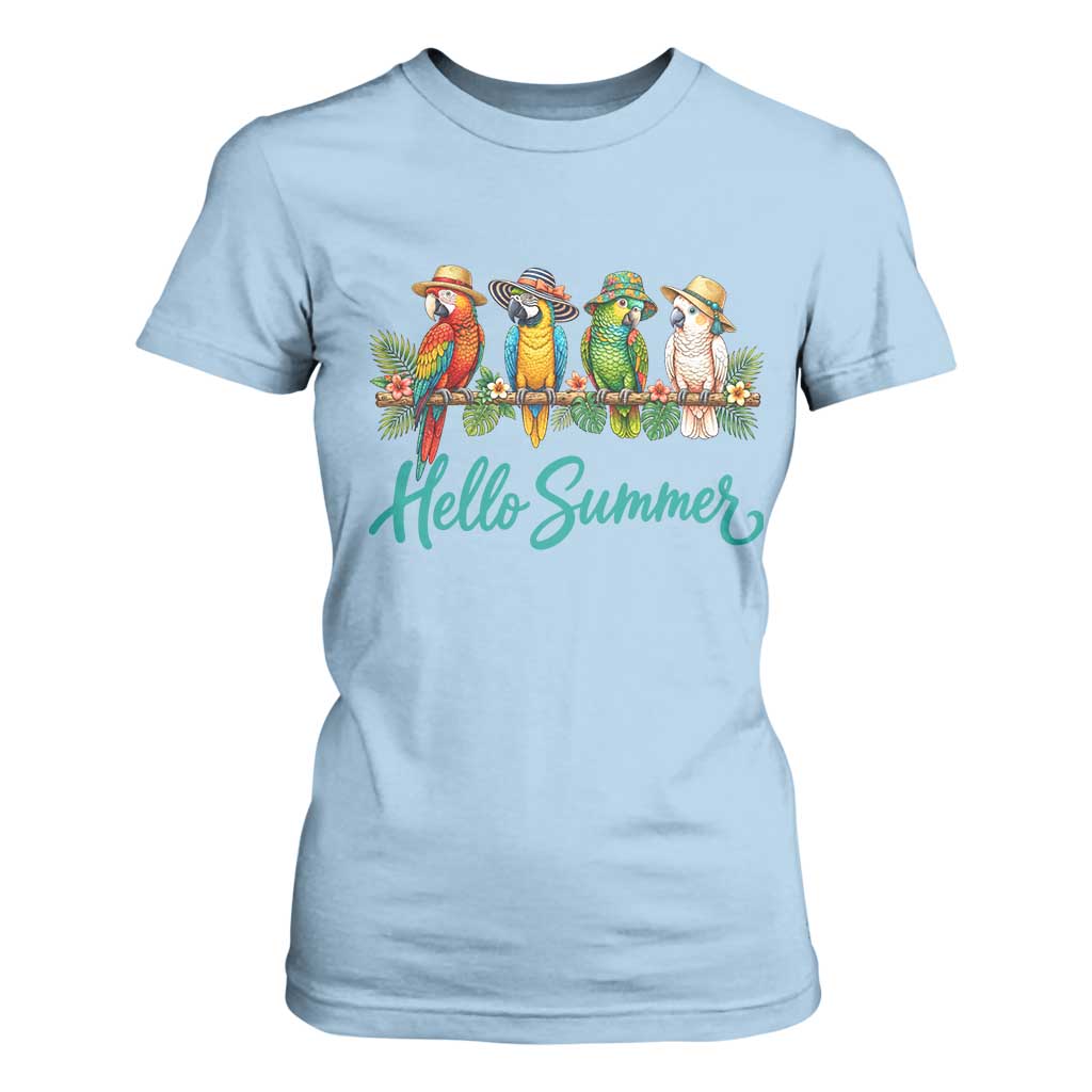 Hello Summer Parrots T Shirt For Women Tropical Beach Vacation Graphic TS12 Light Blue Print Your Wear