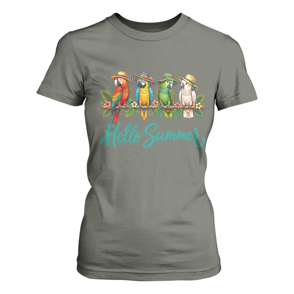 Hello Summer Parrots T Shirt For Women Tropical Beach Vacation Graphic TS12 Military Green Print Your Wear