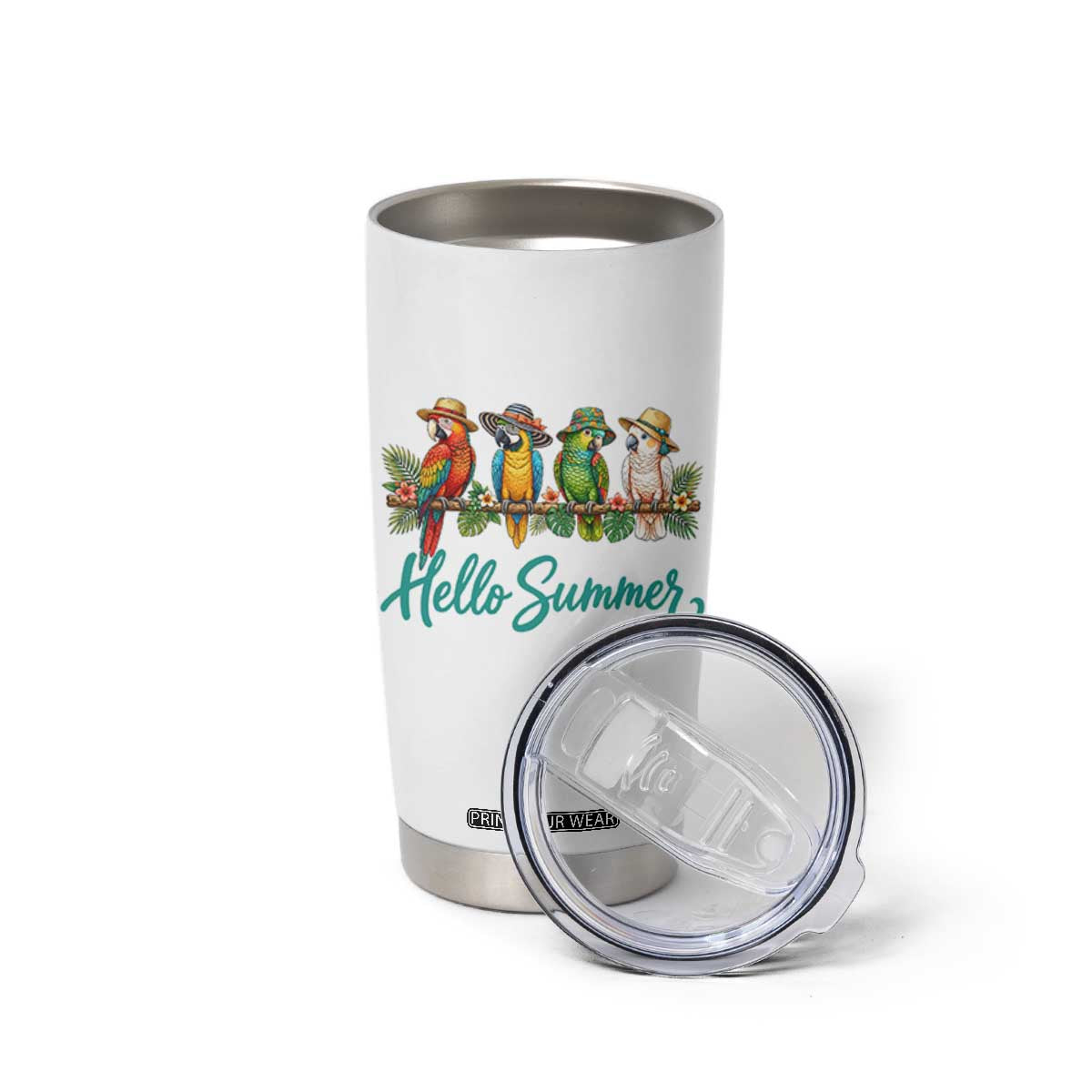 Hello Summer Parrots Tumbler Cup Tropical Beach Vacation Graphic TS12 Print Your Wear
