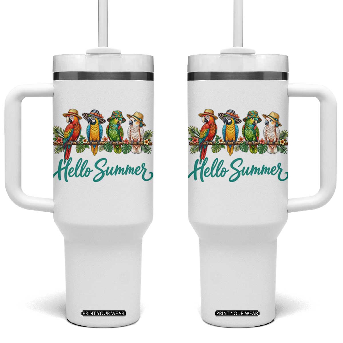 Hello Summer Parrots Tumbler With Handle Tropical Beach Vacation Graphic TS12 One Size: 40 oz White Print Your Wear