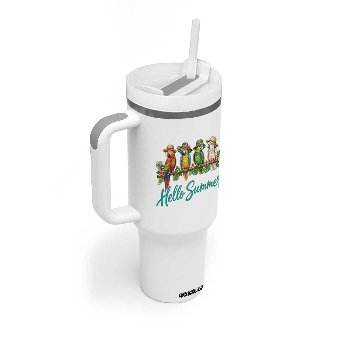Hello Summer Parrots Tumbler With Handle Tropical Beach Vacation Graphic TS12 Print Your Wear