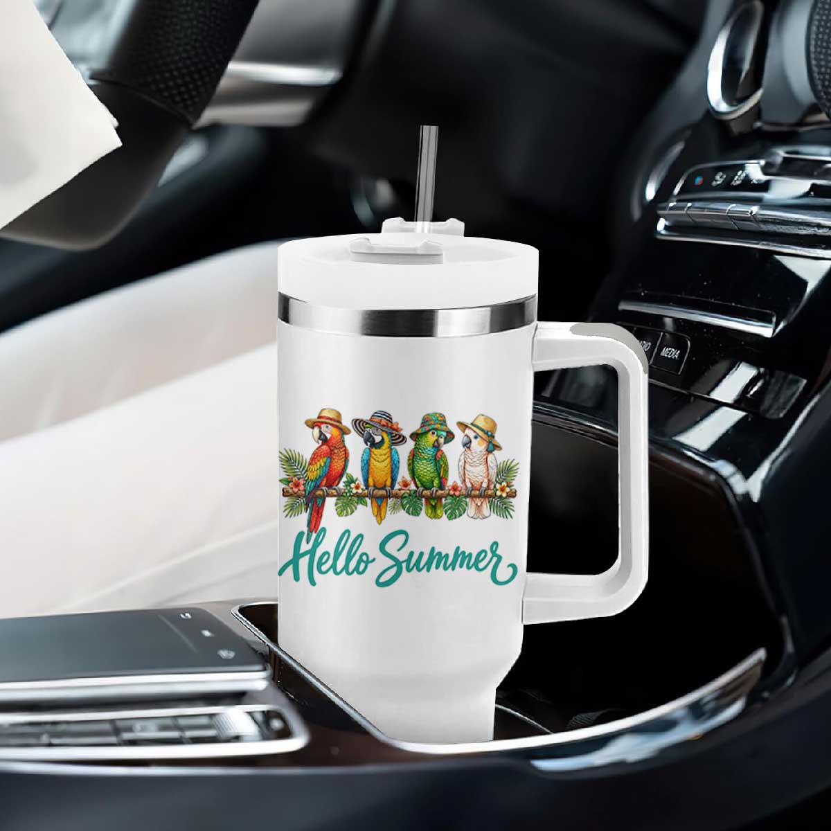 Hello Summer Parrots Tumbler With Handle Tropical Beach Vacation Graphic TS12 Print Your Wear