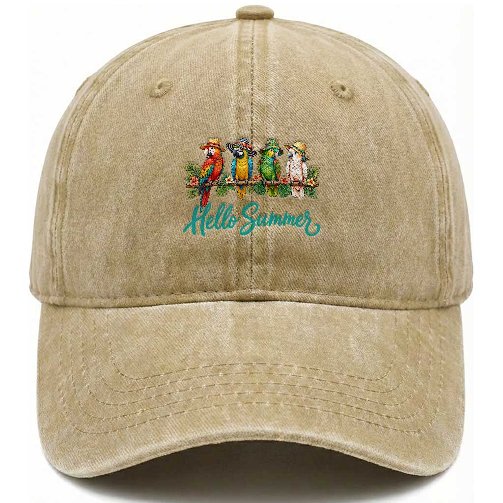 Hello Summer Parrots Washed Cotton Baseball Cap Tropical Beach Vacation Graphic TS12 Print Your Wear