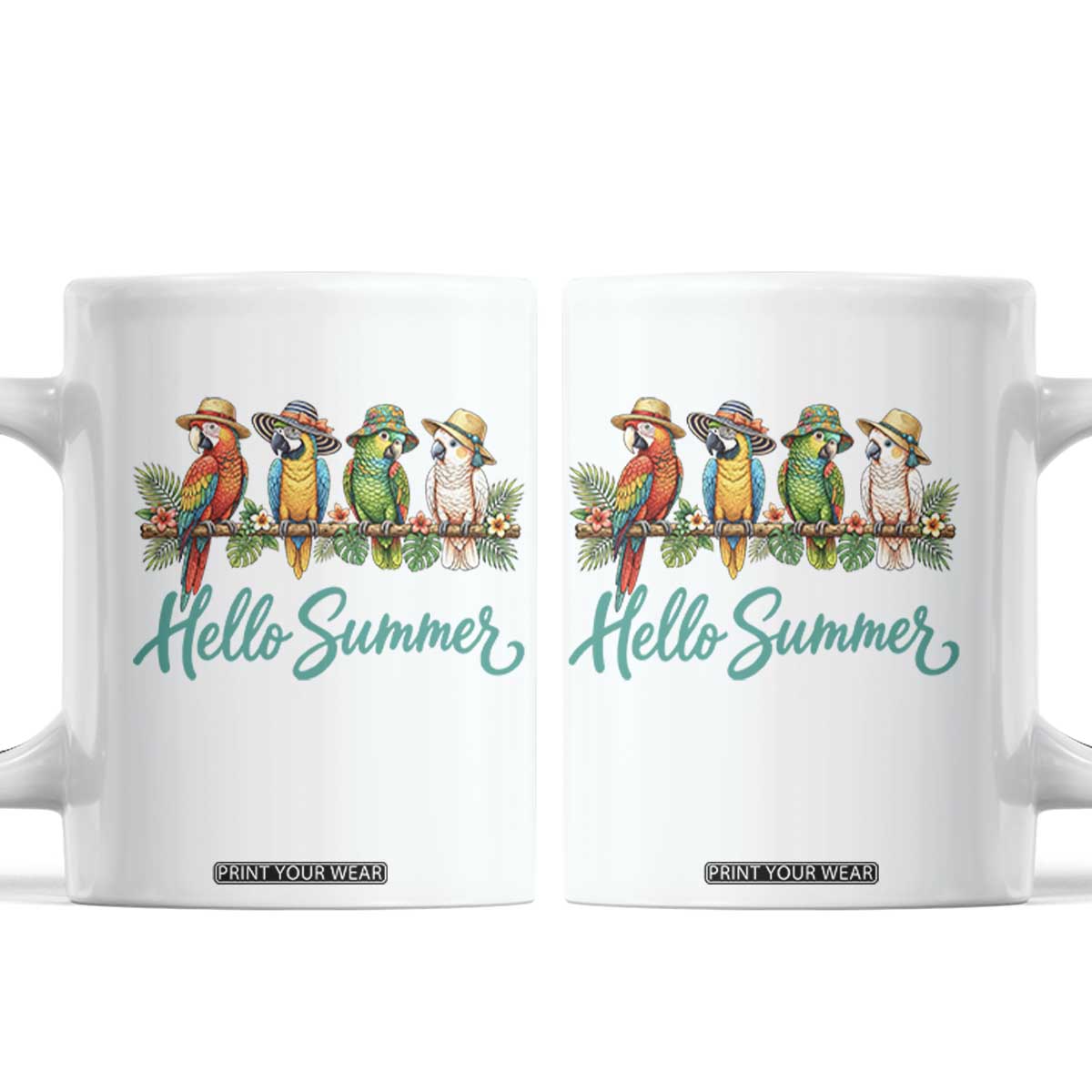 Hello Summer Parrots Coffee Mug Tropical Beach Vacation Graphic