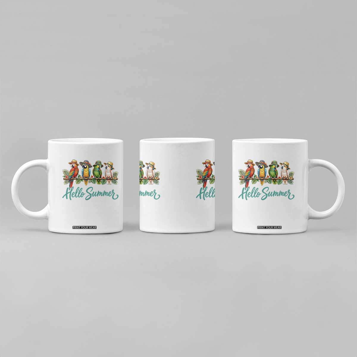 Hello Summer Parrots Coffee Mug Tropical Beach Vacation Graphic