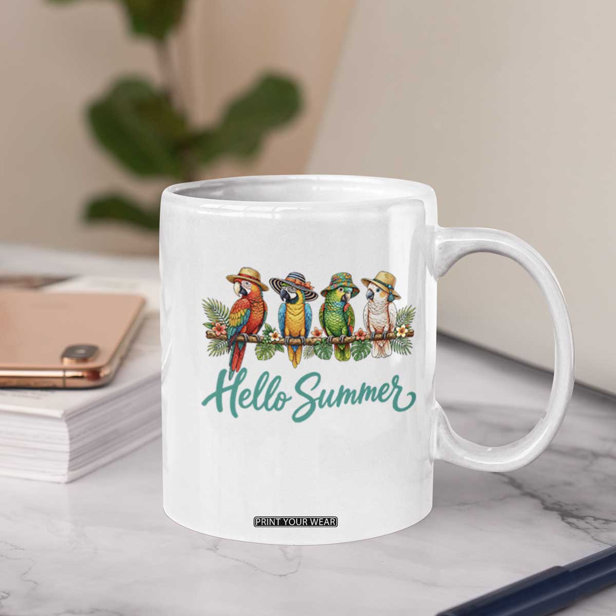 Hello Summer Parrots Coffee Mug Tropical Beach Vacation Graphic