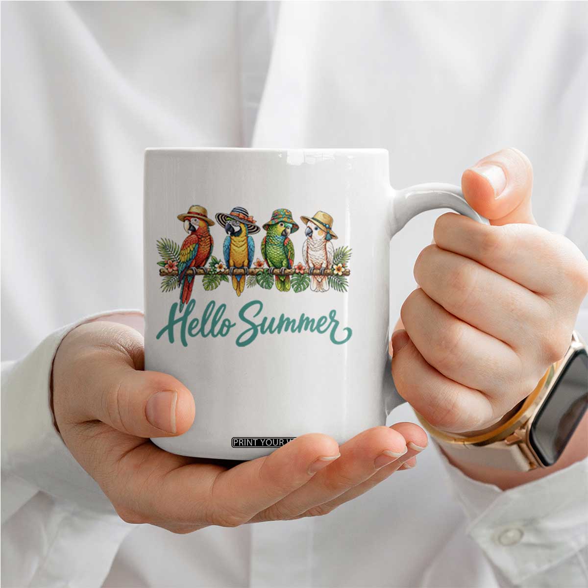 Hello Summer Parrots Coffee Mug Tropical Beach Vacation Graphic