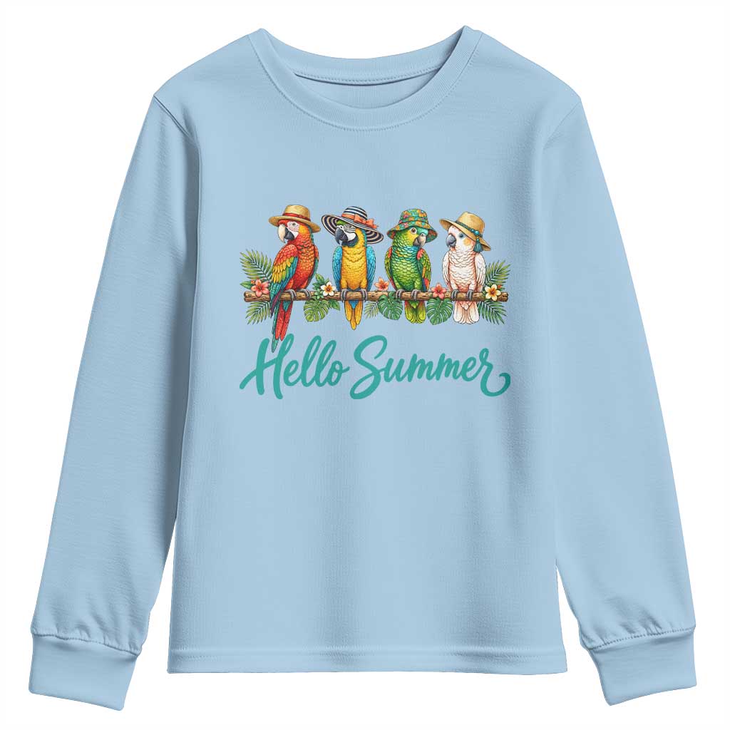 Hello Summer Parrots Youth Sweatshirt Tropical Beach Vacation Graphic TS12 Light Blue Print Your Wear