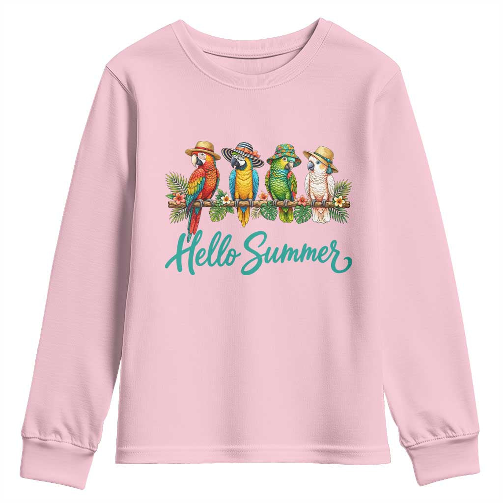 Hello Summer Parrots Youth Sweatshirt Tropical Beach Vacation Graphic TS12 Light Pink Print Your Wear