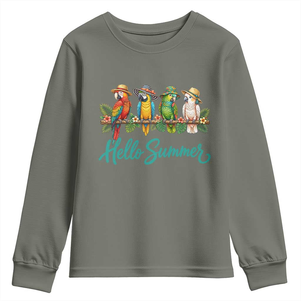 Hello Summer Parrots Youth Sweatshirt Tropical Beach Vacation Graphic TS12 Military Green Print Your Wear