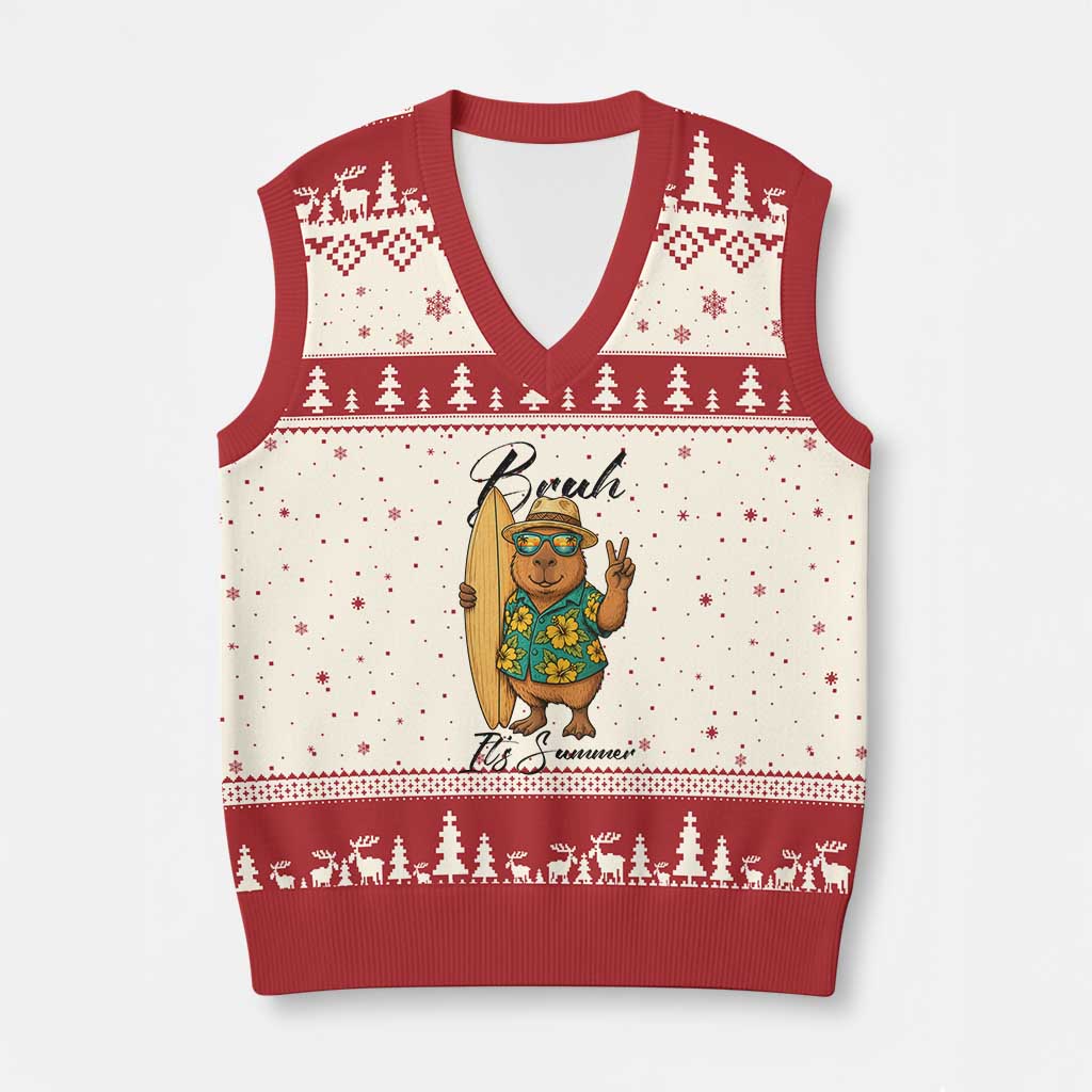 Bruh Its Summer V-Neck Knit Sweater Vest Funny Capybara Surfer Beach Vacation Gift TS12 Beige Red Print Your Wear