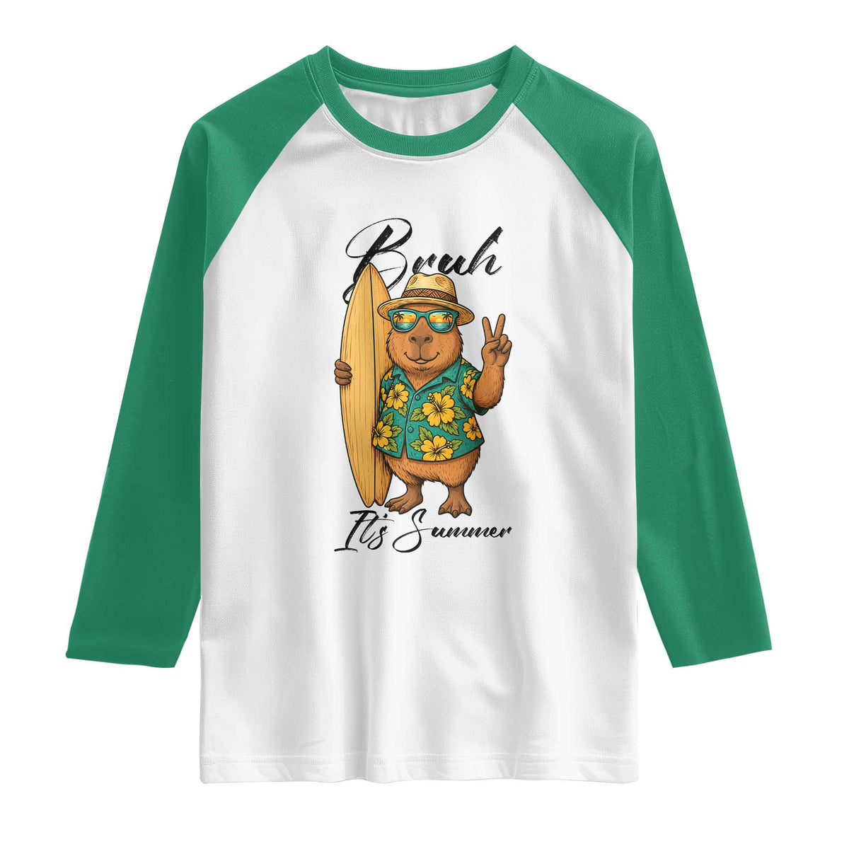 Bruh Its Summer Raglan Shirt Funny Capybara Surfer Beach Vacation Gift