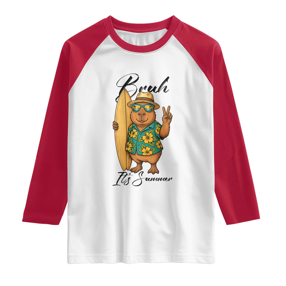 Bruh Its Summer Raglan Shirt Funny Capybara Surfer Beach Vacation Gift