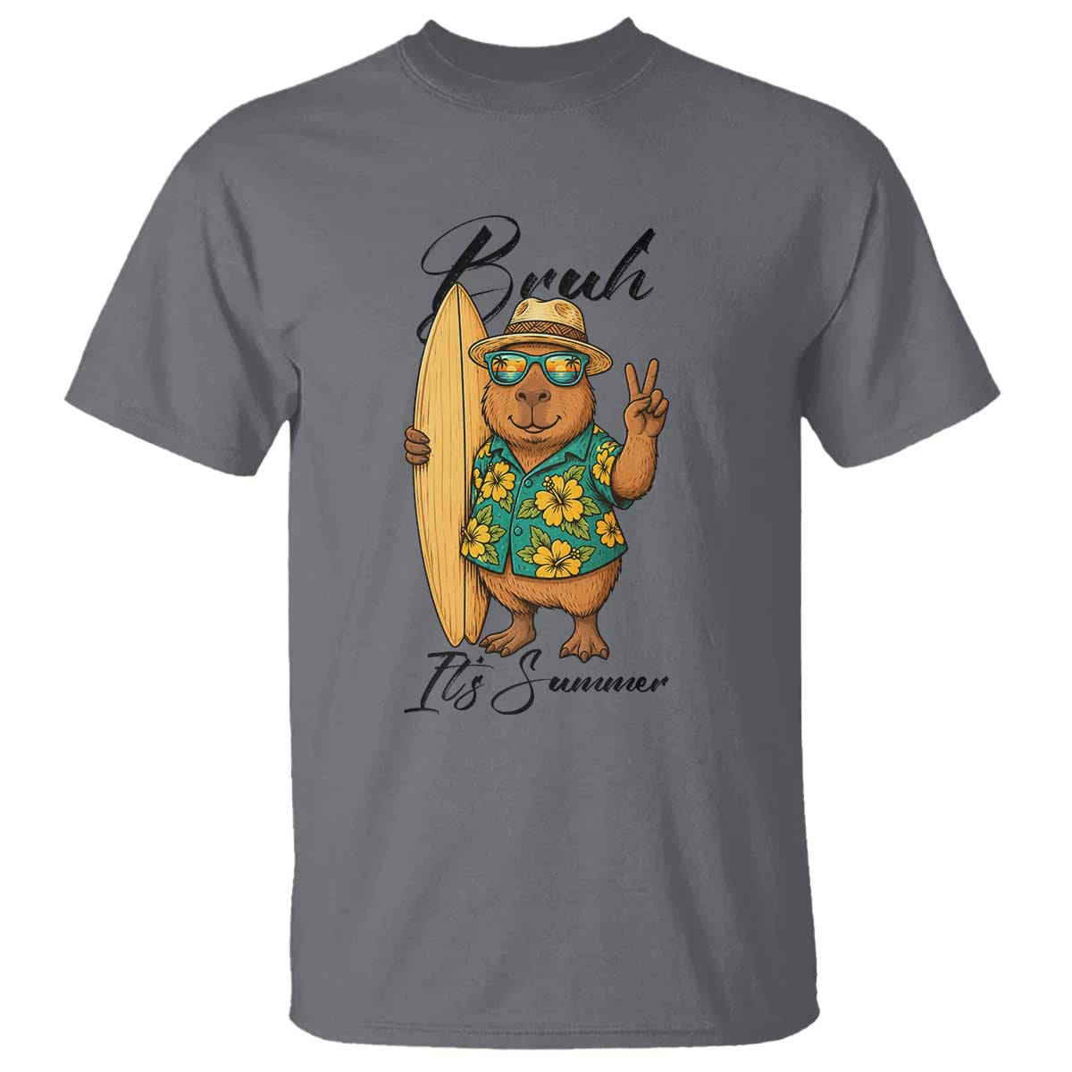 Bruh Its Summer T Shirt Funny Capybara Surfer Beach Vacation Gift TS12 Charcoal Print Your Wear