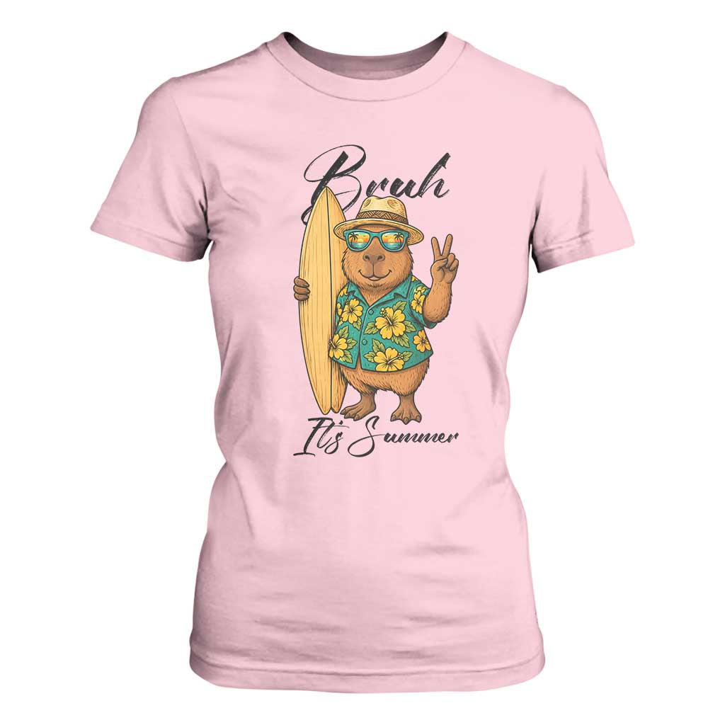 Bruh Its Summer T Shirt For Women Funny Capybara Surfer Beach Vacation Gift TS12 Light Pink Print Your Wear