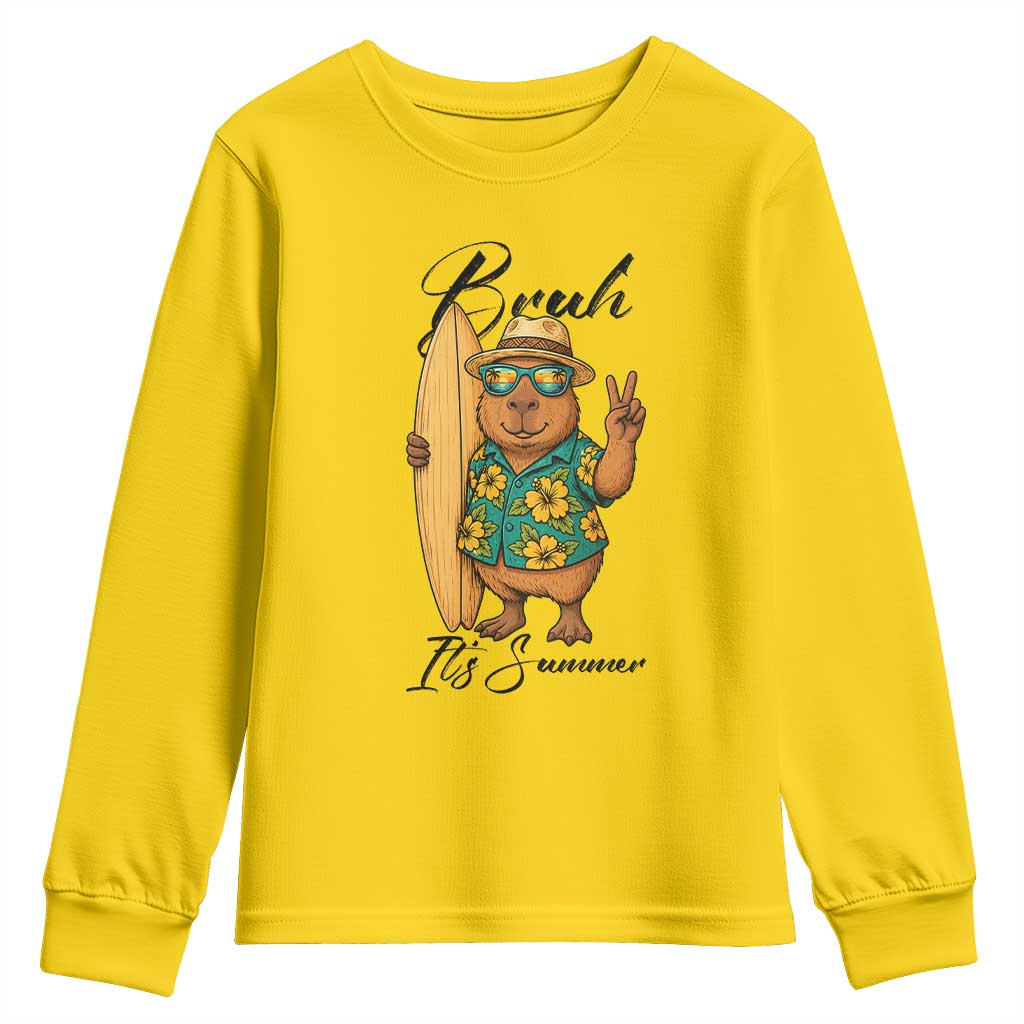 Bruh Its Summer Youth Sweatshirt Funny Capybara Surfer Beach Vacation Gift TS12 Daisy Print Your Wear