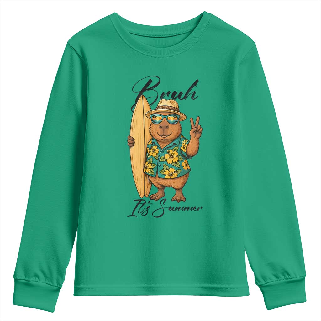 Bruh Its Summer Youth Sweatshirt Funny Capybara Surfer Beach Vacation Gift TS12 Irish Green Print Your Wear