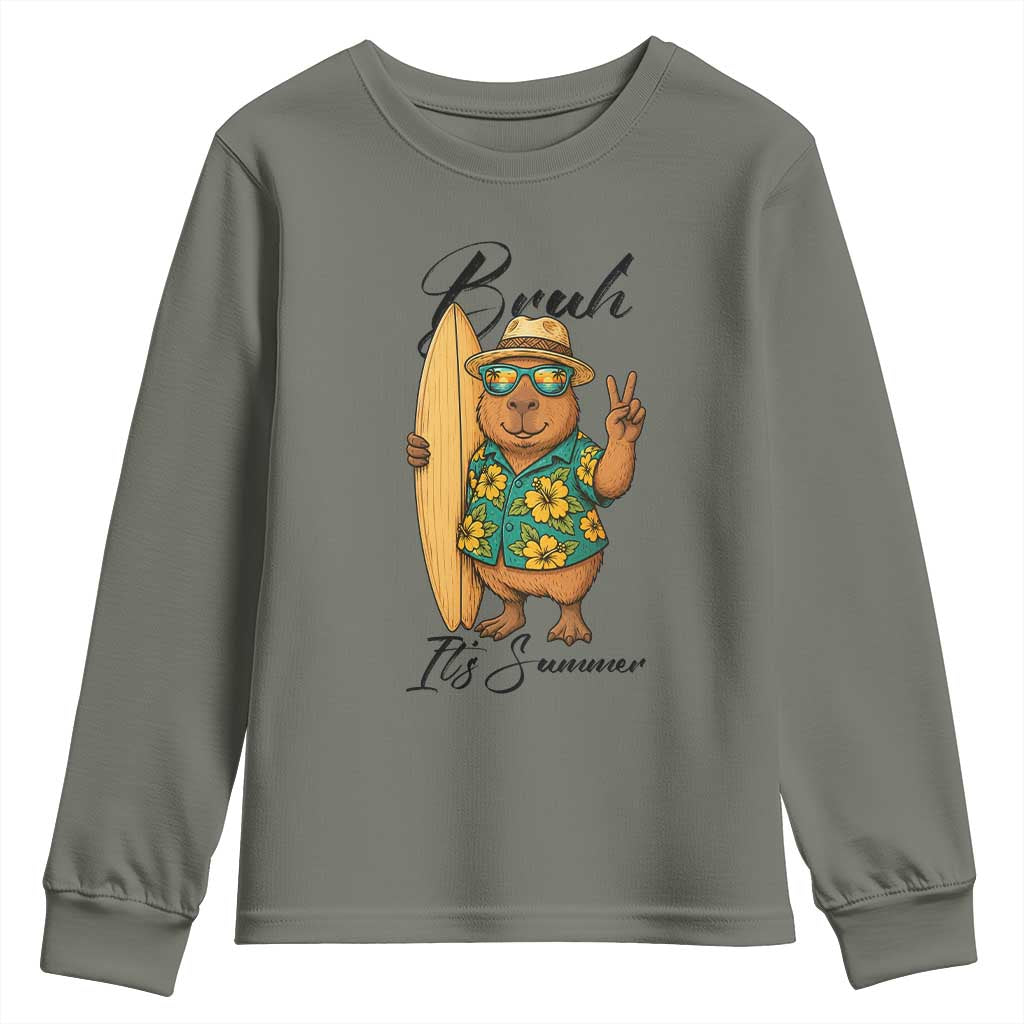 Bruh Its Summer Youth Sweatshirt Funny Capybara Surfer Beach Vacation Gift TS12 Military Green Print Your Wear