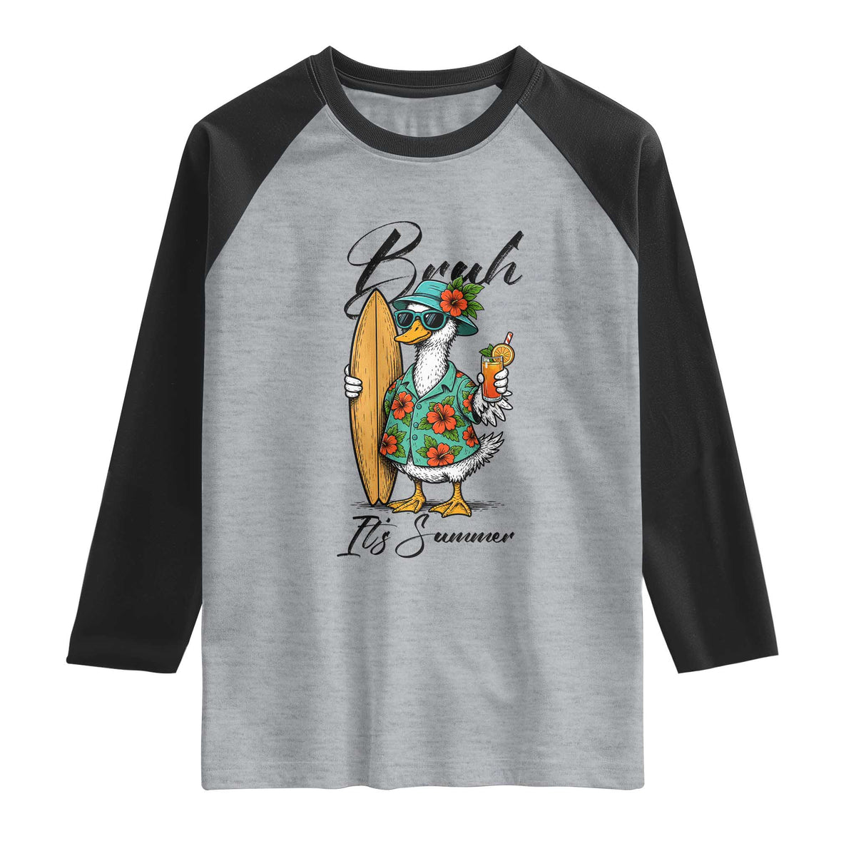 Bruh Its Summer Raglan Shirt Funny Hawaiian Goose Surfer Graphic TS12 Heather Gray Black Print Your Wear
