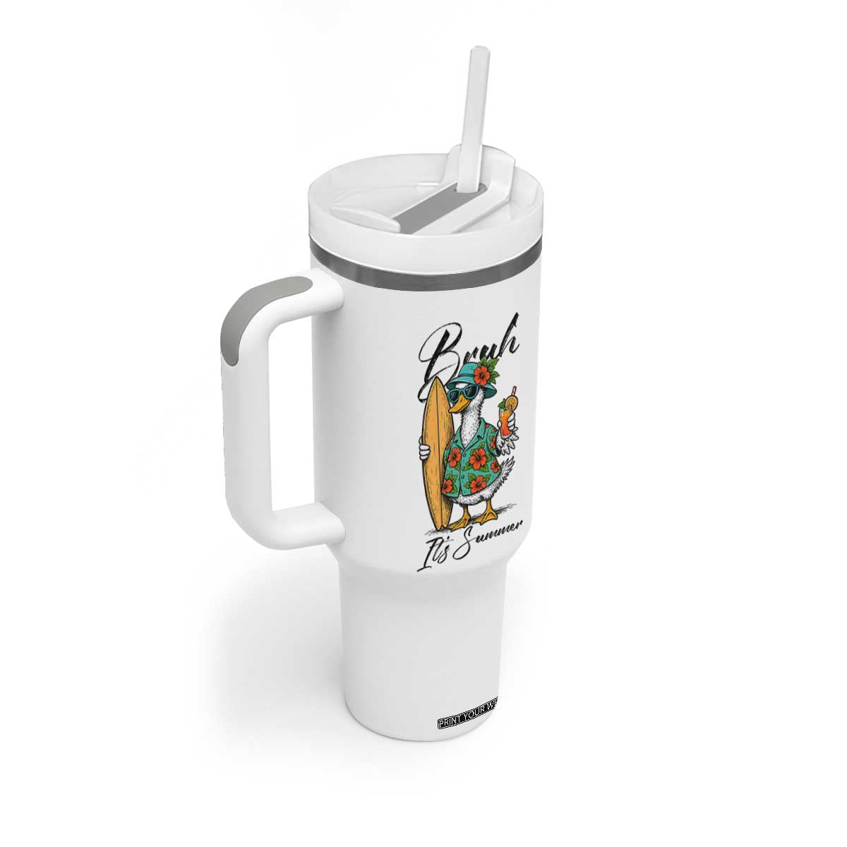 Bruh Its Summer Tumbler With Handle Funny Hawaiian Goose Surfer Graphic
