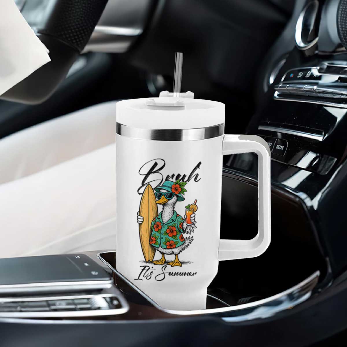 Bruh Its Summer Tumbler With Handle Funny Hawaiian Goose Surfer Graphic