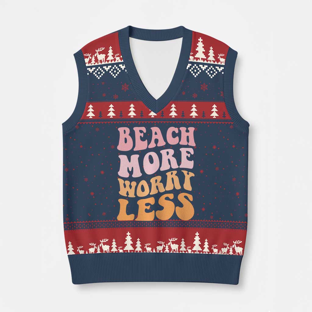 Beach More Worry Less V-Neck Knit Sweater Vest Boho Summer Vacation TS12 Navy Red Print Your Wear