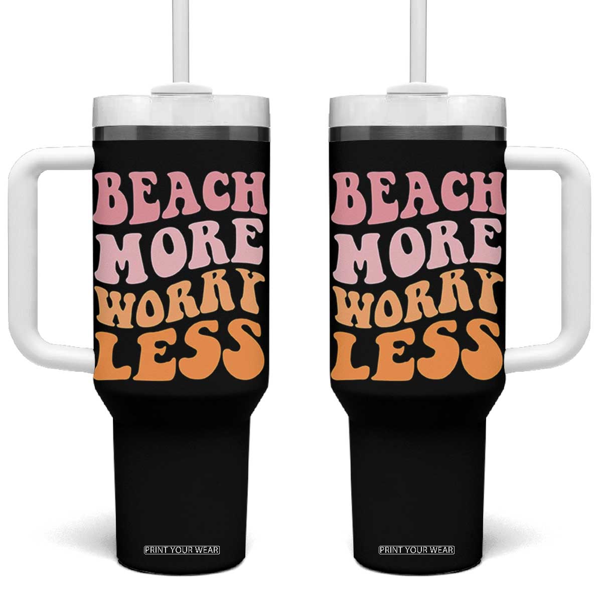 Beach More Worry Less Tumbler With Handle Boho Summer Vacation TS12 One Size: 40 oz Black Print Your Wear