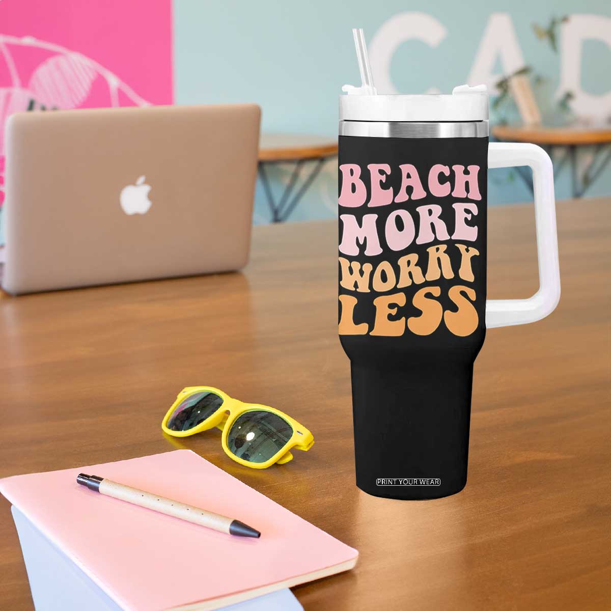 Beach More Worry Less Tumbler With Handle Boho Summer Vacation