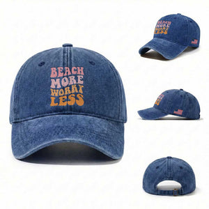 Beach More Worry Less Washed Cotton Baseball Cap Boho Summer Vacation
