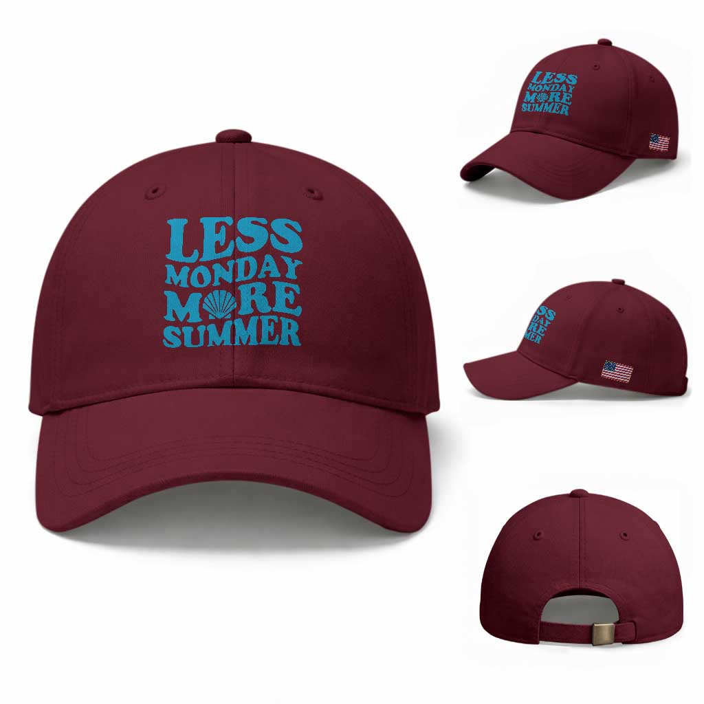 Less Monday More Summer Baseball Cap Retro Beach Seashell Graphic TS12 Baseball Cap Universal Fit Maroon Print Your Wear