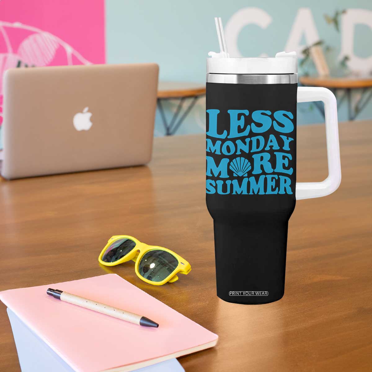 Less Monday More Summer Tumbler With Handle Retro Beach Seashell Graphic TS12 Print Your Wear