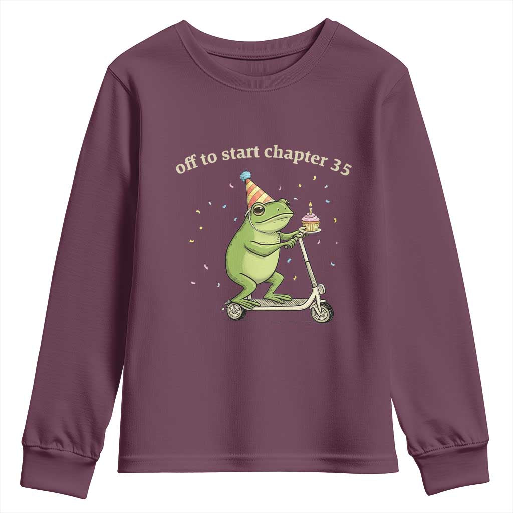 Off To Start Chapter 35 Youth Sweatshirt Funny Frog Scooter 35th Birthday Gift