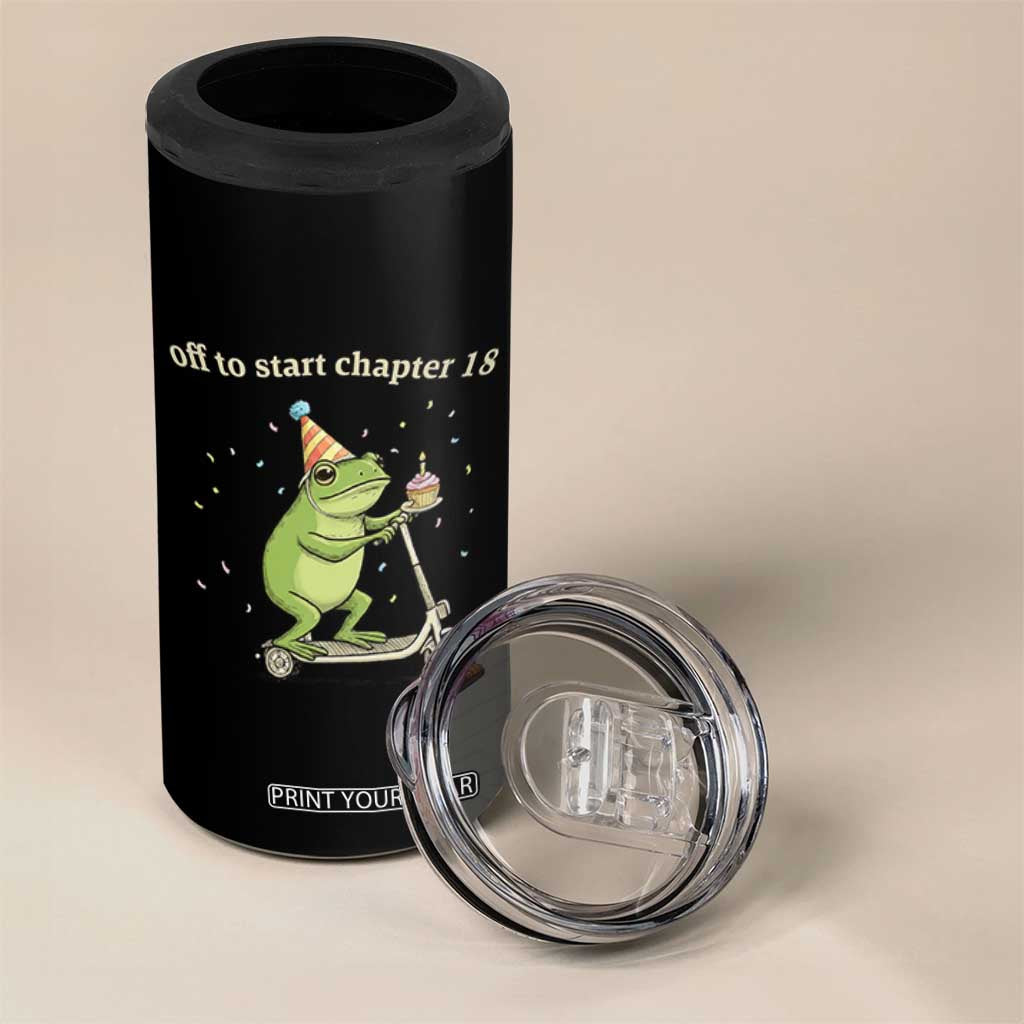 Off To Start Chapter 18 4 in 1 Can Cooler Tumbler Funny Frog Scooter 18th Birthday Gift