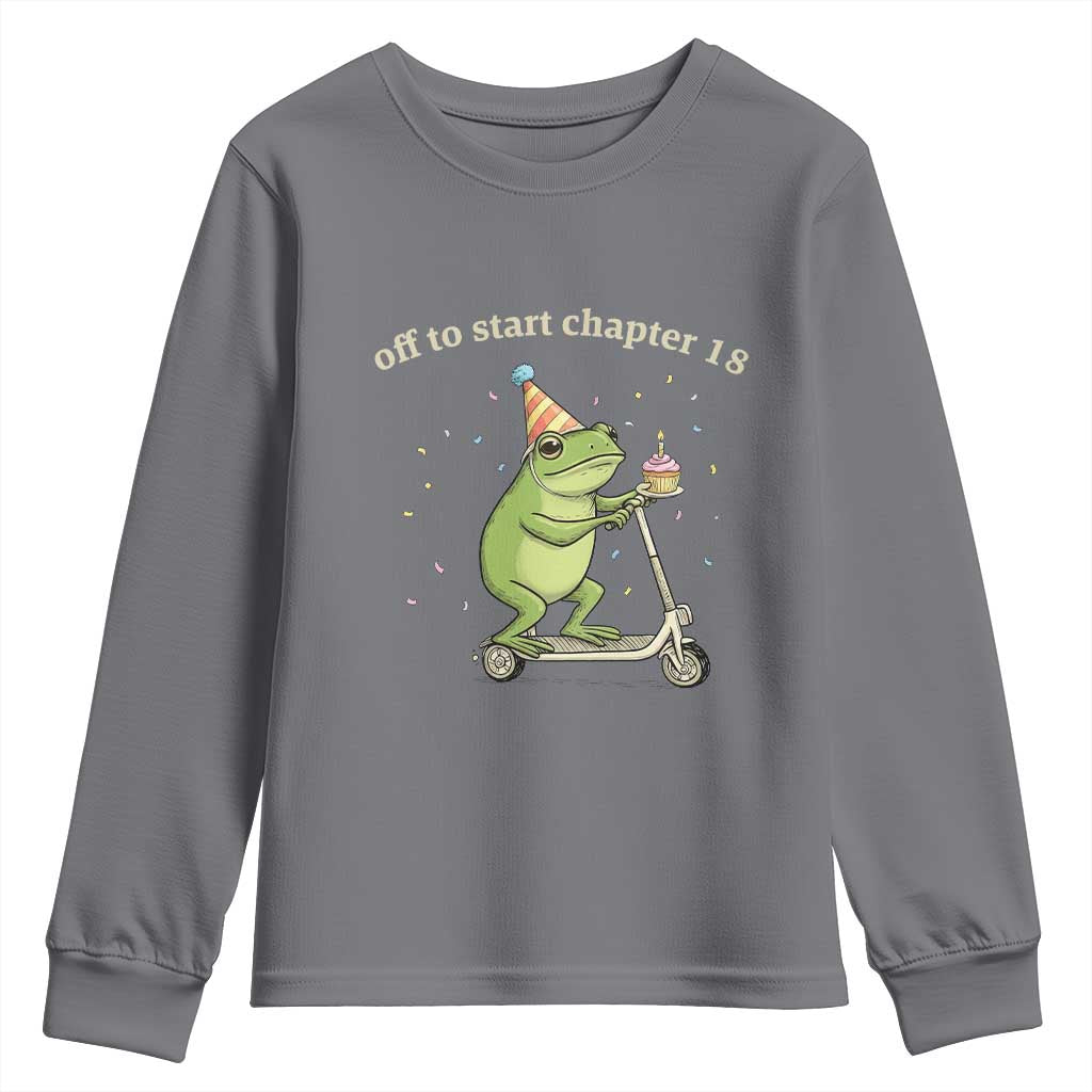 Off To Start Chapter 18 Youth Sweatshirt Funny Frog Scooter 18th Birthday Gift