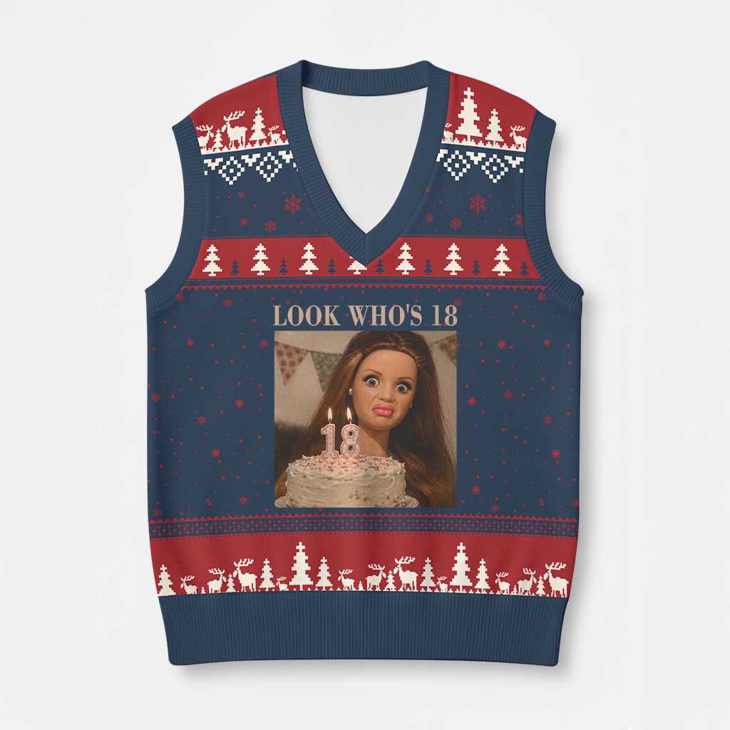 Look Who's 18 V-Neck Knit Sweater Vest Funny Birthday Doll Face Meme