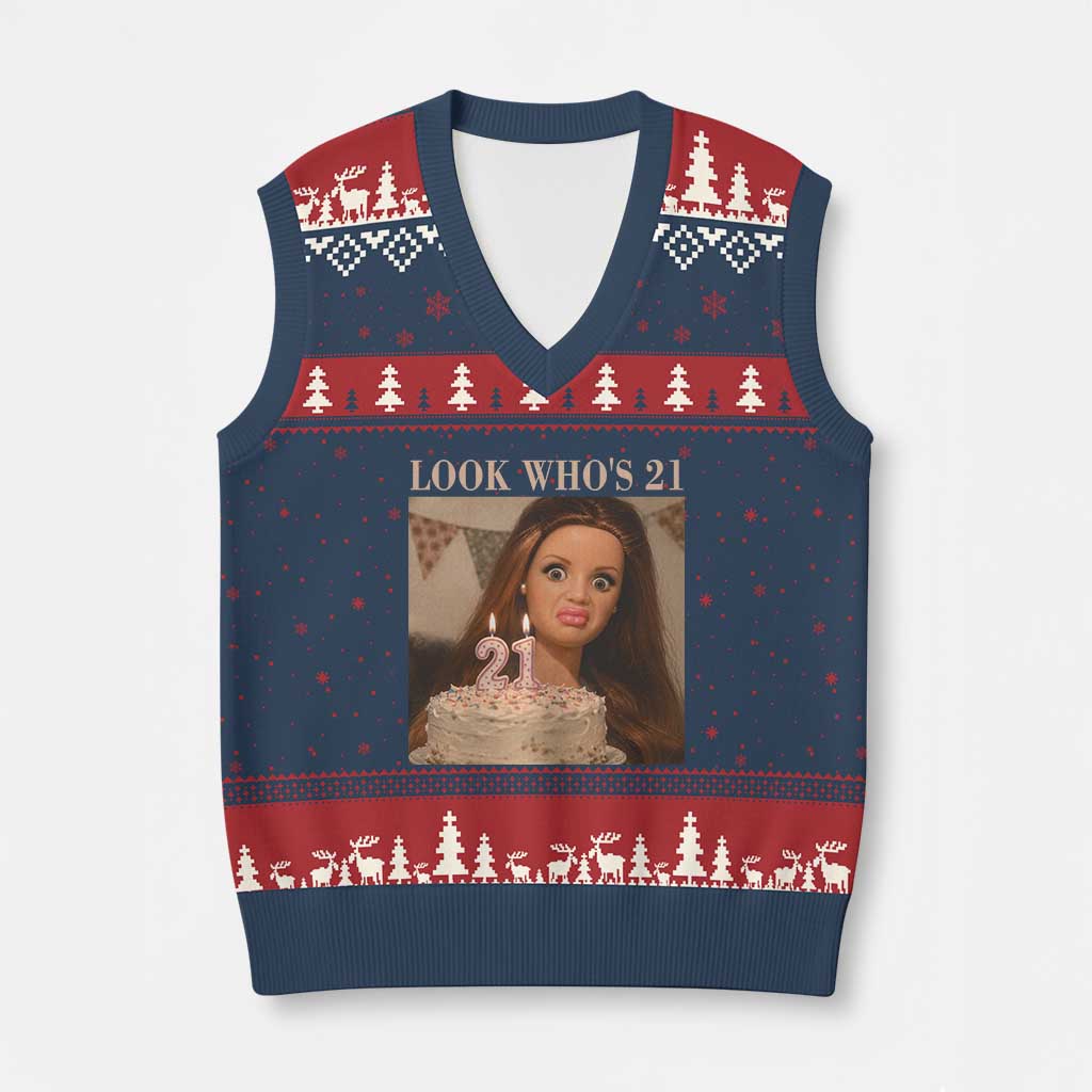 Look Who's 21 V-Neck Knit Sweater Vest Funny Birthday Doll Face Meme