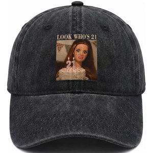 Look Who's 21 Washed Cotton Baseball Cap Funny Birthday Doll Face Meme