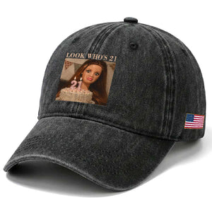 Look Who's 21 Washed Cotton Baseball Cap Funny Birthday Doll Face Meme