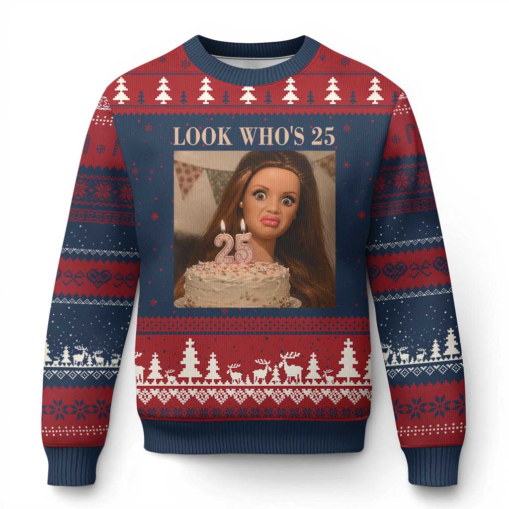 Look Who's 25 Ugly Christmas Sweater Funny Birthday Doll Face Meme