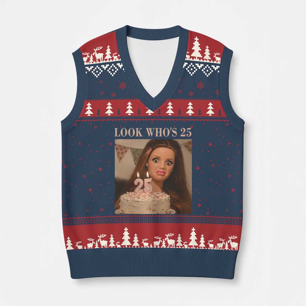 Look Who's 25 V-Neck Knit Sweater Vest Funny Birthday Doll Face Meme