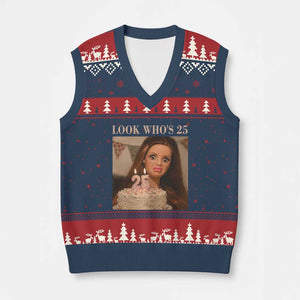 Look Who's 25 V-Neck Knit Sweater Vest Funny Birthday Doll Face Meme