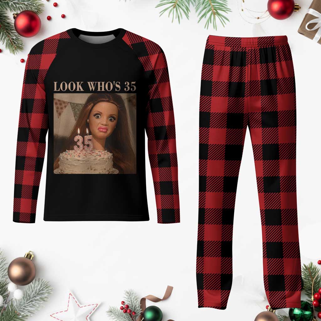Look Who's 35 Plaid Pajama Set Funny Birthday Doll Face Meme
