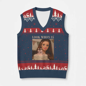 Look Who's 35 V-Neck Knit Sweater Vest Funny Birthday Doll Face Meme