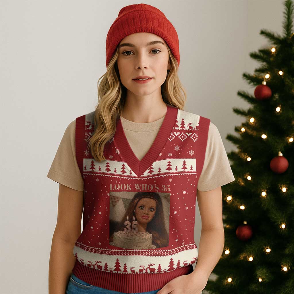 Look Who's 35 V-Neck Knit Sweater Vest Funny Birthday Doll Face Meme