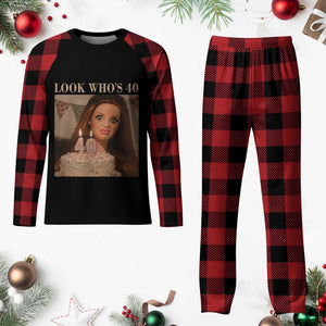 Look Who's 40 Plaid Pajama Set Funny Birthday Doll Face Meme