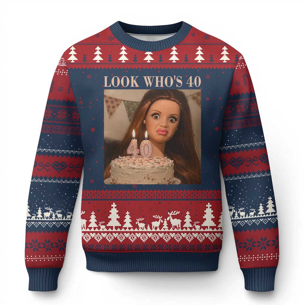 Look Who's 40 Ugly Christmas Sweater Funny Birthday Doll Face Meme