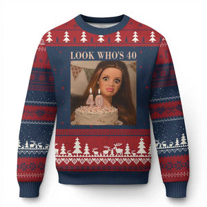 Look Who's 40 Ugly Christmas Sweater Funny Birthday Doll Face Meme