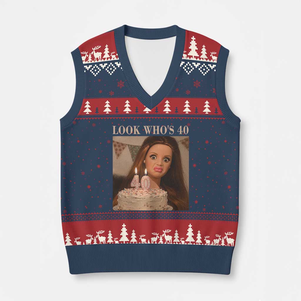 Look Who's 40 V-Neck Knit Sweater Vest Funny Birthday Doll Face Meme TS12 Navy Red Print Your Wear